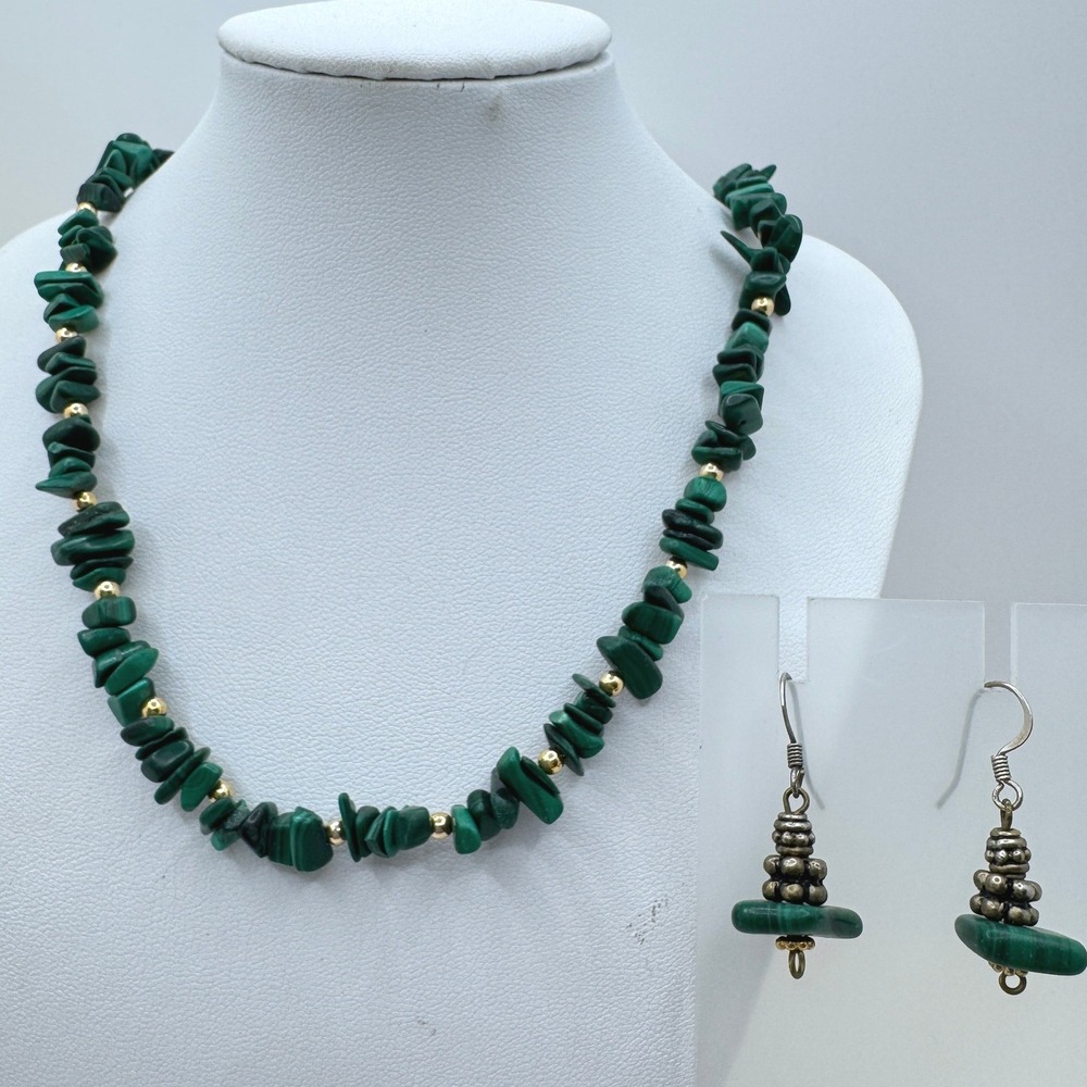 Vintage Malachite Chip Necklace and Dangle Earring Set Green Gold Silver Tone